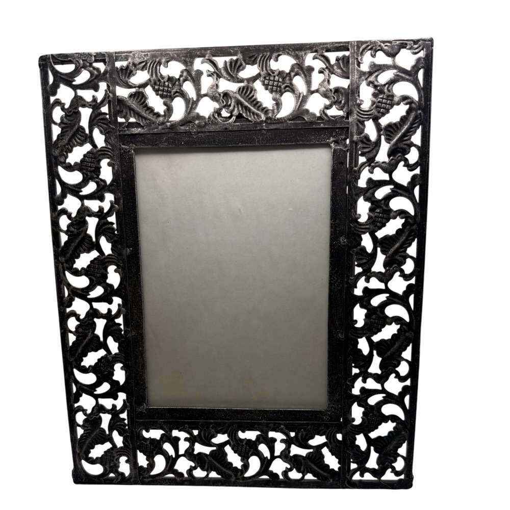Vintage Ornate Cast Metal Filigree Photo Frame 5x7 Silver Black Scrollwork